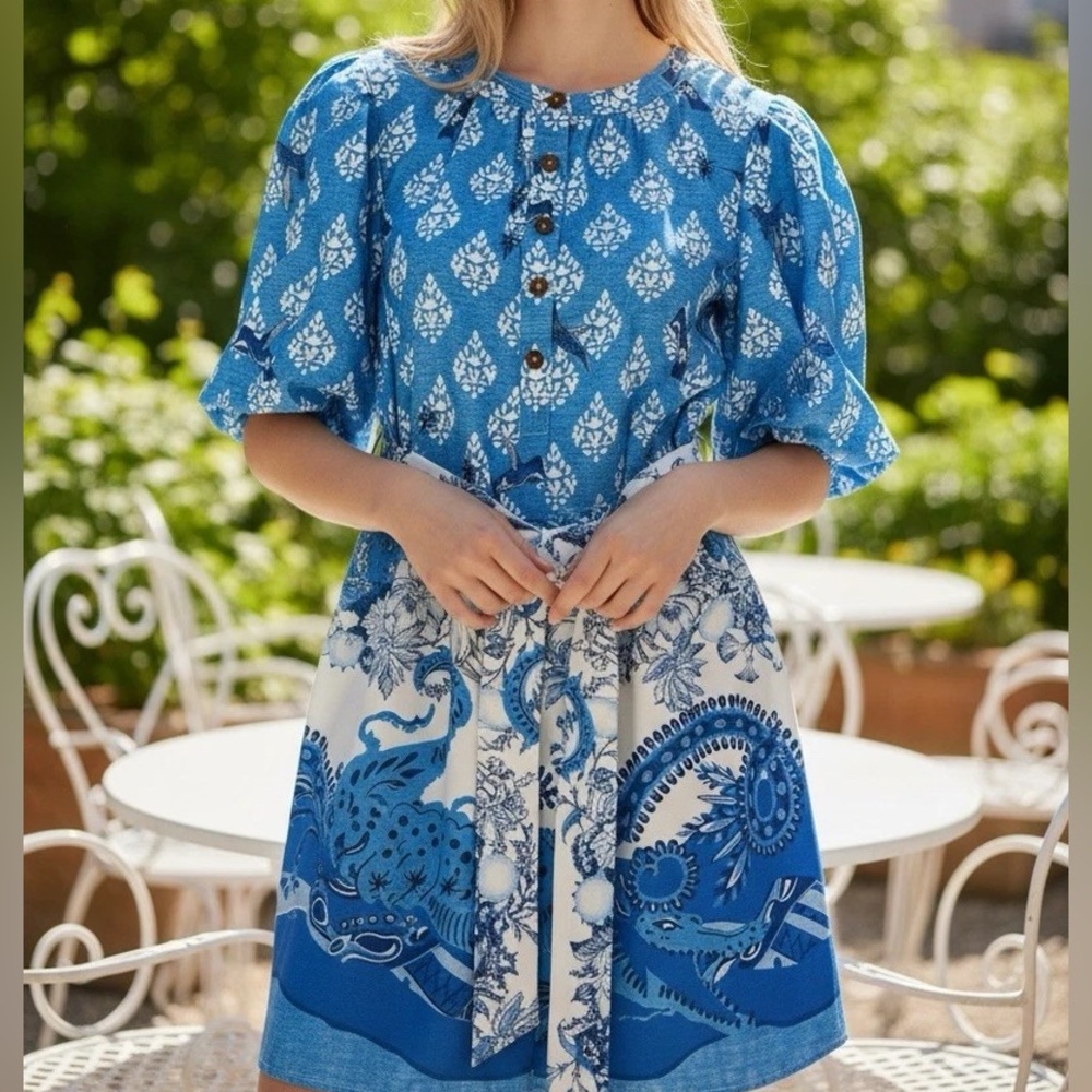 A Loves A Blue Printed Button-Front Dress - Picture 1 of 16
